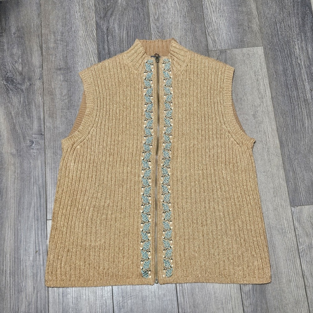 Woolrich Womens XL Full Zip Sweater Vest Cotton Blend Tan Brown Clove Ribbed
